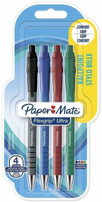 Penna a sfera a scatto Papermate Flexgrip ultra Colori Assortiti Nero, Blu, Rosso, Verde - Blister da 4