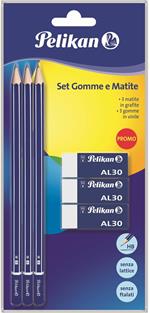 Kit Pelikan 6 pezzi: 3 matite in grafite HB + 3 gomme AL 30 bianche per matita