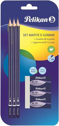 Kit scuola Pelikan. Con 3 matite grafite HB e 3 gomma AL30