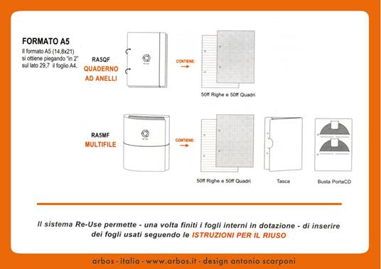 ECO Quaderno anelli Reuse A6 in ricuoio 100ff Righe+Quadri - Arbos -  Cartoleria e scuola