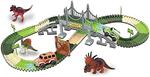 BAKAJI Playset Pista Macchinine Flessibile Parco dei Dinosauri Giocattolo per Bambini con Macchinina Luci LED a Batteria Dinosauro T-Rex Triceratopo e Altri Inclusi + Accessori Gioco Pista 192pz