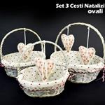 Set 3 Cestini Natalizi Ovali In Vimini E Tessuto Diametro 39/34/29 Cm Grigio