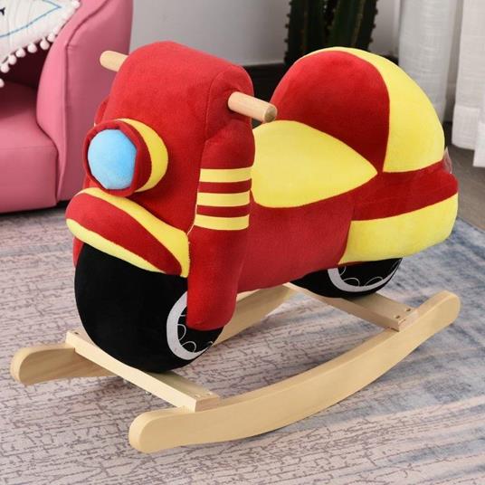 HomCom Dondolo per Bambini a Forma di Moto in Legno e Peluche Rosso e Giallo, Suoni Realistici - 2