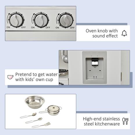 HOMCOM Cucina Giocattolo in Legno per Bambini con Lavandino e Fornelli Pentole e Utensili - Bianco - 3
