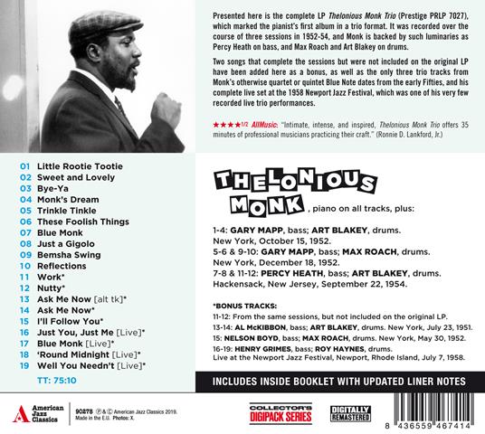 The Thelonious Monk Trio (with Bonus Tracks) - CD Audio di Thelonious Monk - 2