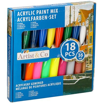 Pittura Acrilica Vernice Confezione 18 Pezzi Colori Assortiti Tubo 36 Ml Artico