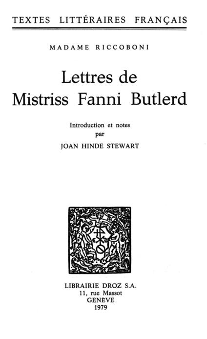 Lettres de Mistriss Fanni Butlerd