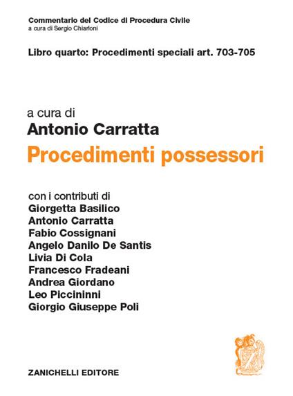 Libro quarto: Procedimenti speciali art. 703-705. Procedimenti possessori - copertina