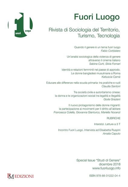 Fuori luogo. Rivista di sociologia del territorio, turismo, tecnologia. Special Issue «Studi di genere» (2018) - copertina