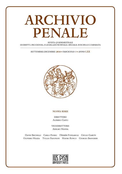 Archivio penale. Rivista quadrimestrale di diritto, procedura e legislazione penale, speciale, europea e comparata (2018). Vol. 3: Settembre-Dicembre - copertina