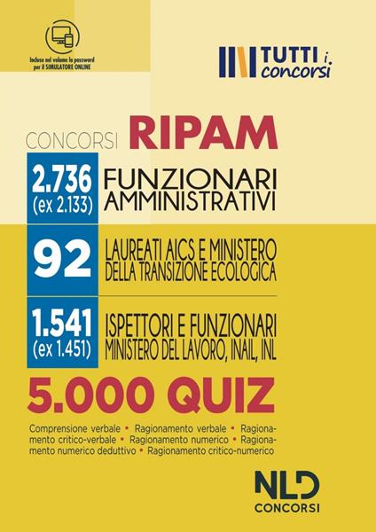 5000 quiz di logica RIPAM. Oltre 5000 quiz per la prova scritta dei concorsi 2736 Funzionari Amministrativi + 92 Agenzia Italiana Ministero della Transizione Italiana + 1541 Ispettori e Funzionari del Lavoro Inail e INL - copertina