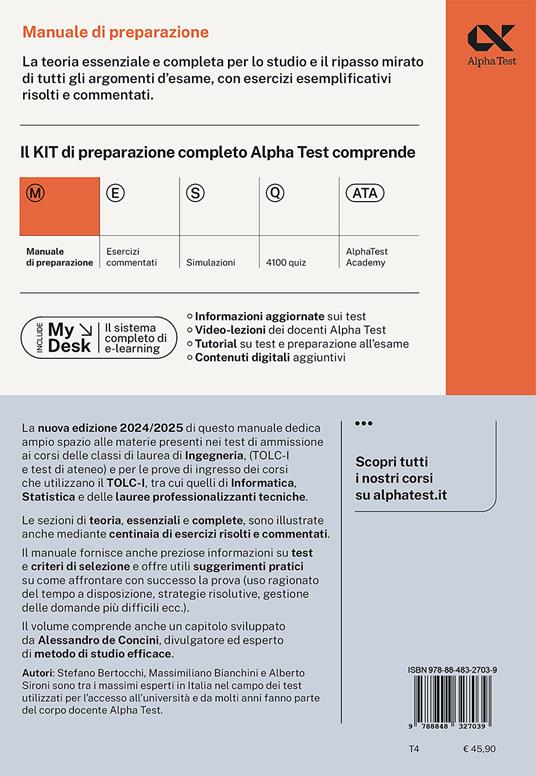 Alpha Test. Ingegneria. TOLC-I. Manuale di preparazione. Ediz. MyDesk - Stefano Bertocchi,Alberto Sironi,Massimiliano Bianchini - 2