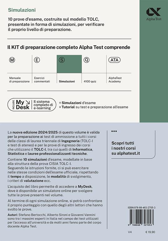 Alpha Test. Ingegneria. TOLC-I. Simulazioni - Stefano Bertocchi,Alberto Sironi,Giovanni Vannini - 2