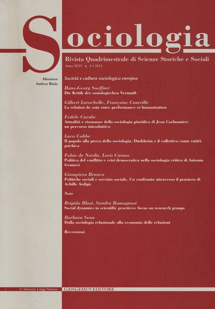 Sociologia. Rivista quadrimestrale di scienze storiche e sociali (2012). Vol. 2 - copertina