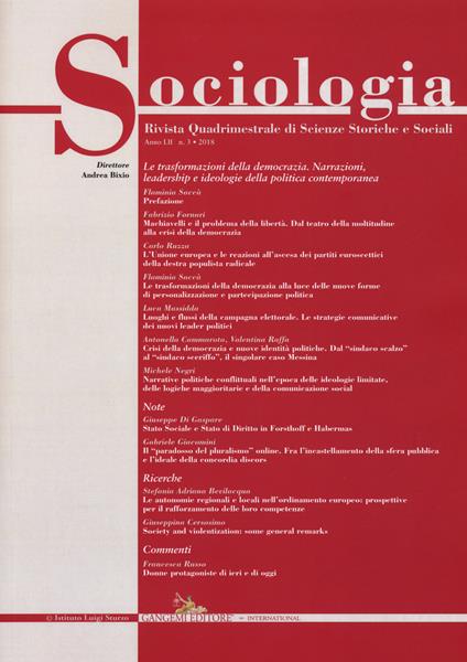 Sociologia. Rivista quadrimestrale di scienze storiche e sociali (2018). Vol. 3 - copertina