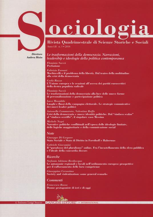 Sociologia. Rivista quadrimestrale di scienze storiche e sociali (2018). Vol. 3 - copertina