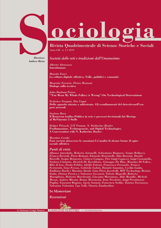 Sociologia. Rivista quadrimestrale di scienze storiche e sociali (2019). Vol. 3 - copertina