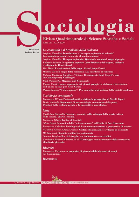 Sociologia. Rivista quadrimestrale di scienze storiche e sociali (2020). Vol. 2 - copertina