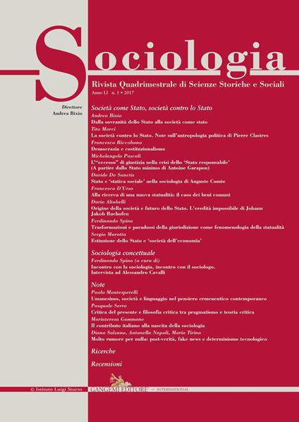 Sociologia. Rivista quadrimestrale di scienze storiche e sociali (2017). Vol. 1 - Dario Altobelli,Andrea Bixio,Davide De Sanctis,Francesco D'Urso - ebook