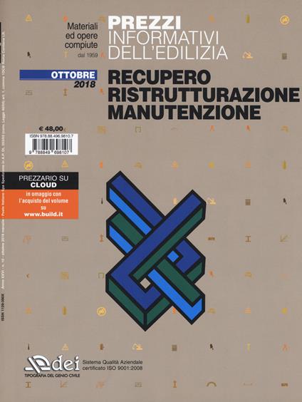 Prezzi informativi dell'edilizia. Recupero, ristrutturazione, manutenzione. Ottobre 2018 - copertina