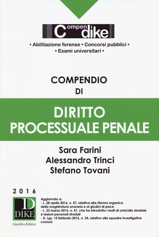 Compendio di diritto processuale penale - Sara Farini,Alessandro Trinci,Stefano Tovani - copertina