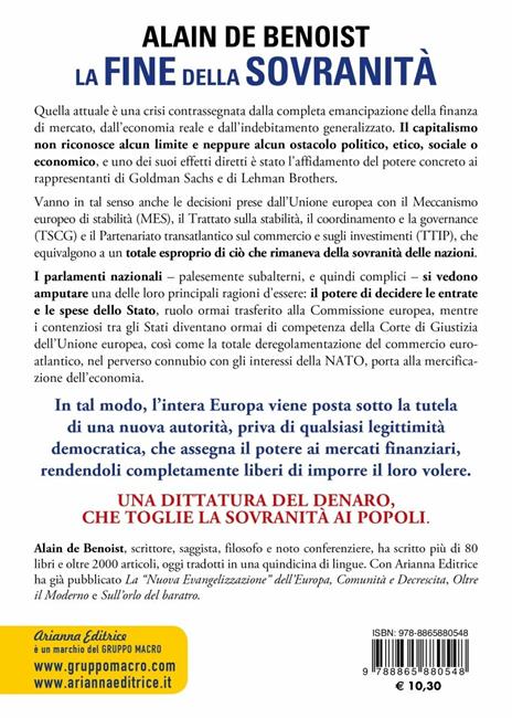 La fine della sovranità. La dittatura del denaro che toglie il potere ai popoli - Alain de Benoist - 2