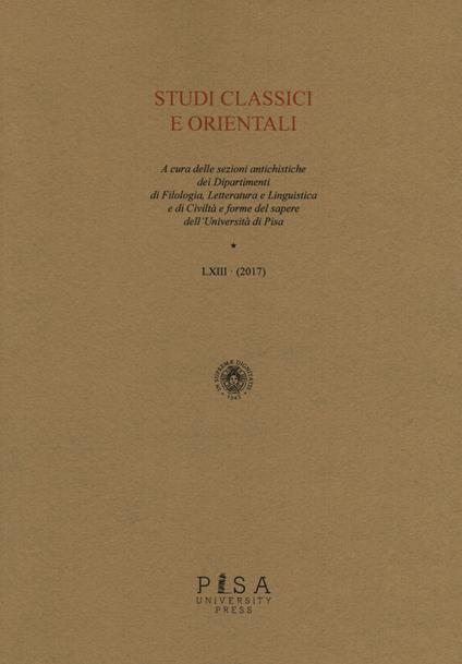 Studi classici e orientali (2017). Vol. 63 - copertina