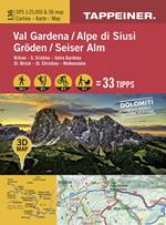 Val Gardena-Alpe di Siusi. Ortisei, S. Cristina, Selva Gardena. Cartina topografica. Carta panoramica 3D. 1:25.000 Ediz. italiana e tedesca