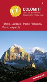 360° panorama-wanderkarte. Tofane, Lagazuoi, Passo Falzareg, Passo Valparola. Cartina escursionistica panorama a 360°
