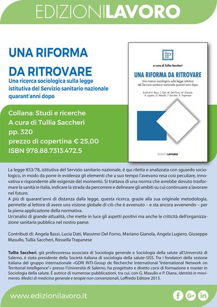 Una riforma da ritrovare. Una ricerca sociologica sulla legge istitutiva del Servizio sanitario nazionale quarant'anni dopo - copertina