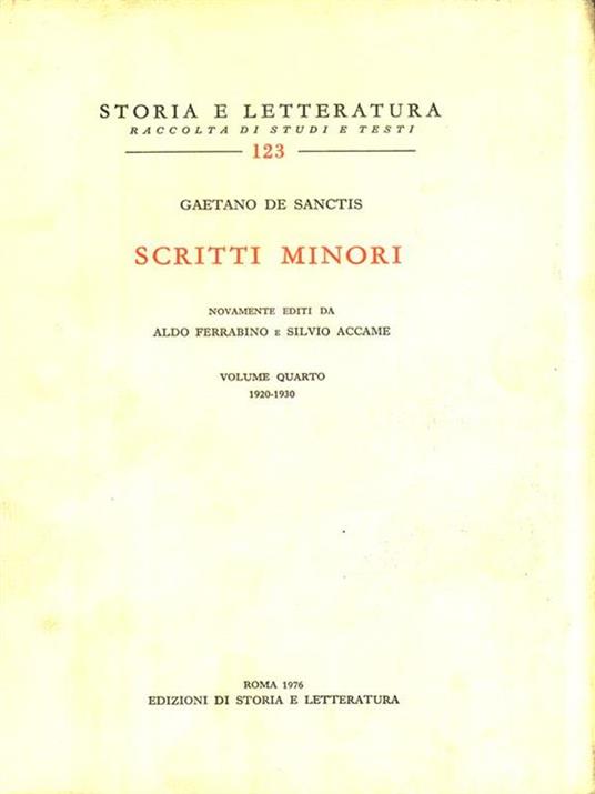 Scritti minori. Vol. 4: 1920-1930 - Gaetano De Sanctis - copertina