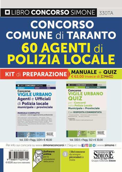 Concorso Comune di Taranto. 60 agenti di polizia locale. Kit di preparazione. Manuale + Quiz. Con software di simulazione - copertina