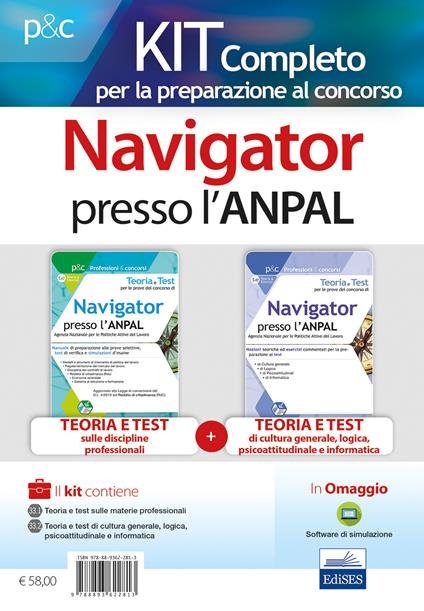 Teoria e test per le prove del concorso di navigator presso l'ANPAL. Kit completo: Manuale di preparazione alle prove selettive, test di verifica e simulazioni d'esame-Nozioni teoriche ed esercizi commentati per la preparazione ai test di cultura generale, logica, psicoattitudinali, di informatica.  - copertina