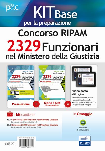 Kit base Concorso 2329 Funzionari nel Ministero della Giustizia. Per la preselezione e la prova scritta del profilo F/MG. Manuale di preparazione e test di verifica - copertina