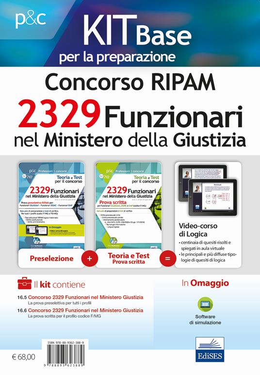 Kit base Concorso 2329 Funzionari nel Ministero della Giustizia. Per la preselezione e la prova scritta del profilo F/MG. Manuale di preparazione e test di verifica - copertina