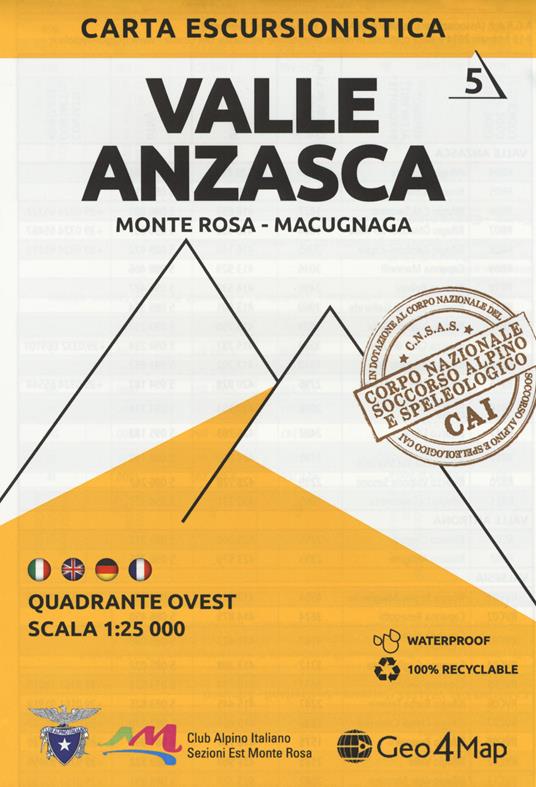 Carta escursionistica Valle Anzasca. Scala 1:25.000. Ediz. italiana, inglese, tedesca e francese. Vol. 5: Quadrante ovest: Monte Rosa, Macugnaga - copertina