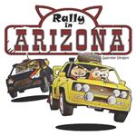 Rally in Arizona: Two Cats in their yellow car racing across the desert